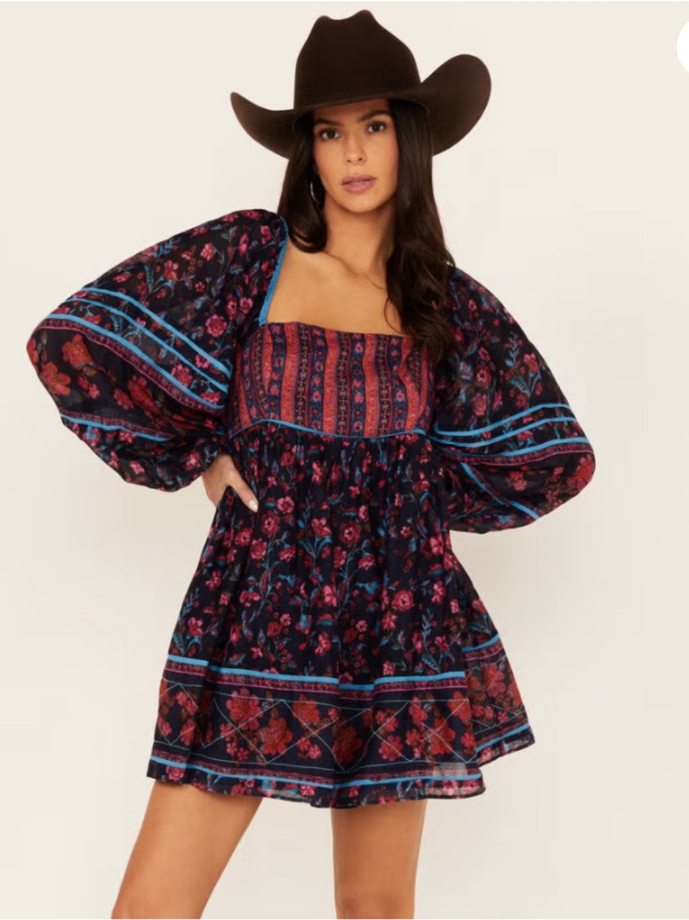 Free People Floral Square-Neck Mini Dress in Navy and Pink